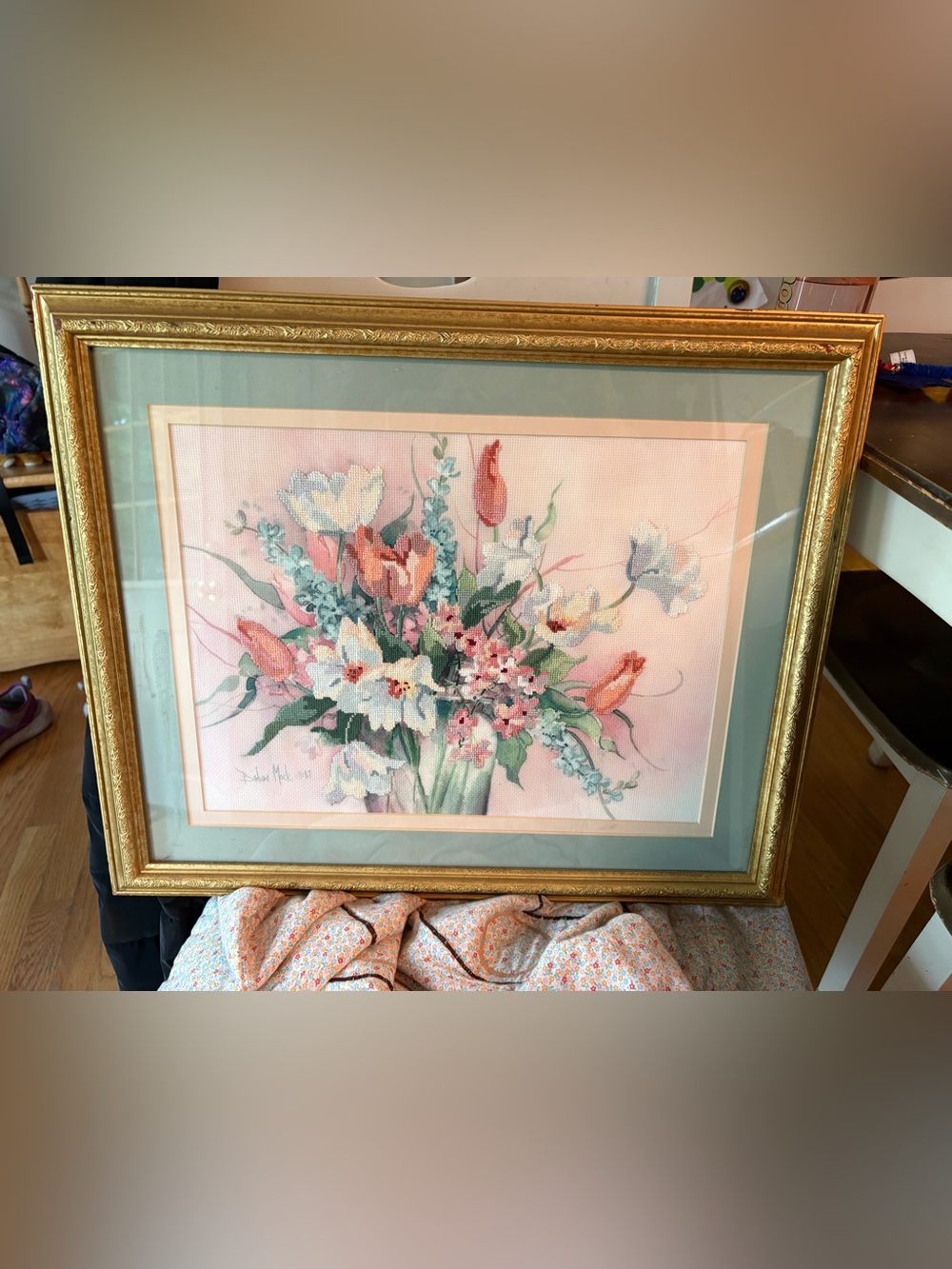 Framed Barbara Mock Signed Needlepoint Bouquet Flowers 1985 Hand Paint